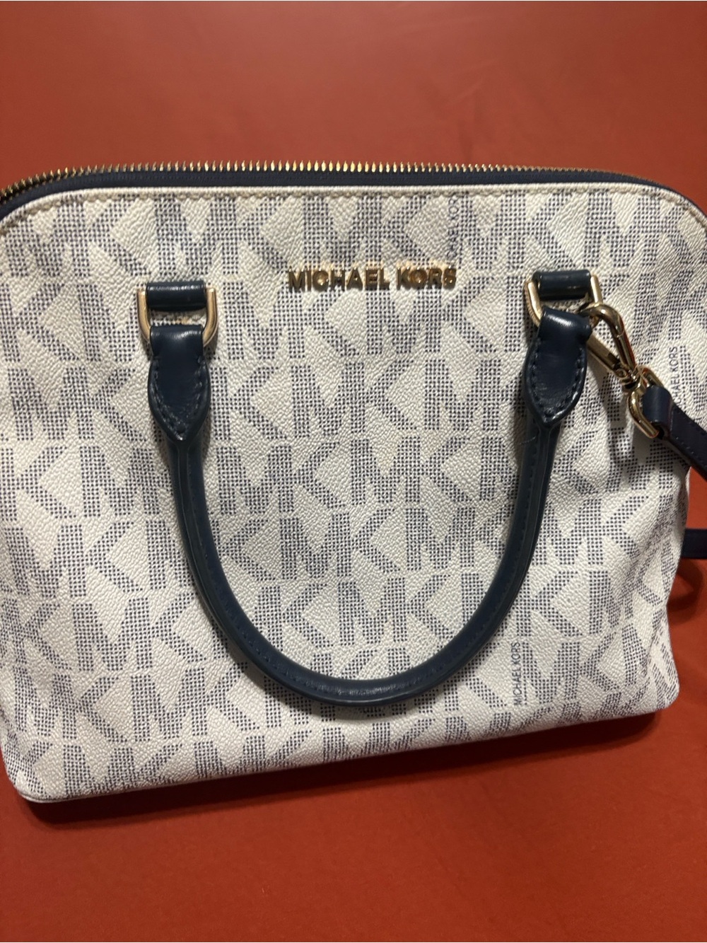 Michael Kors Cream Signature MK Satchel with Navy Trim